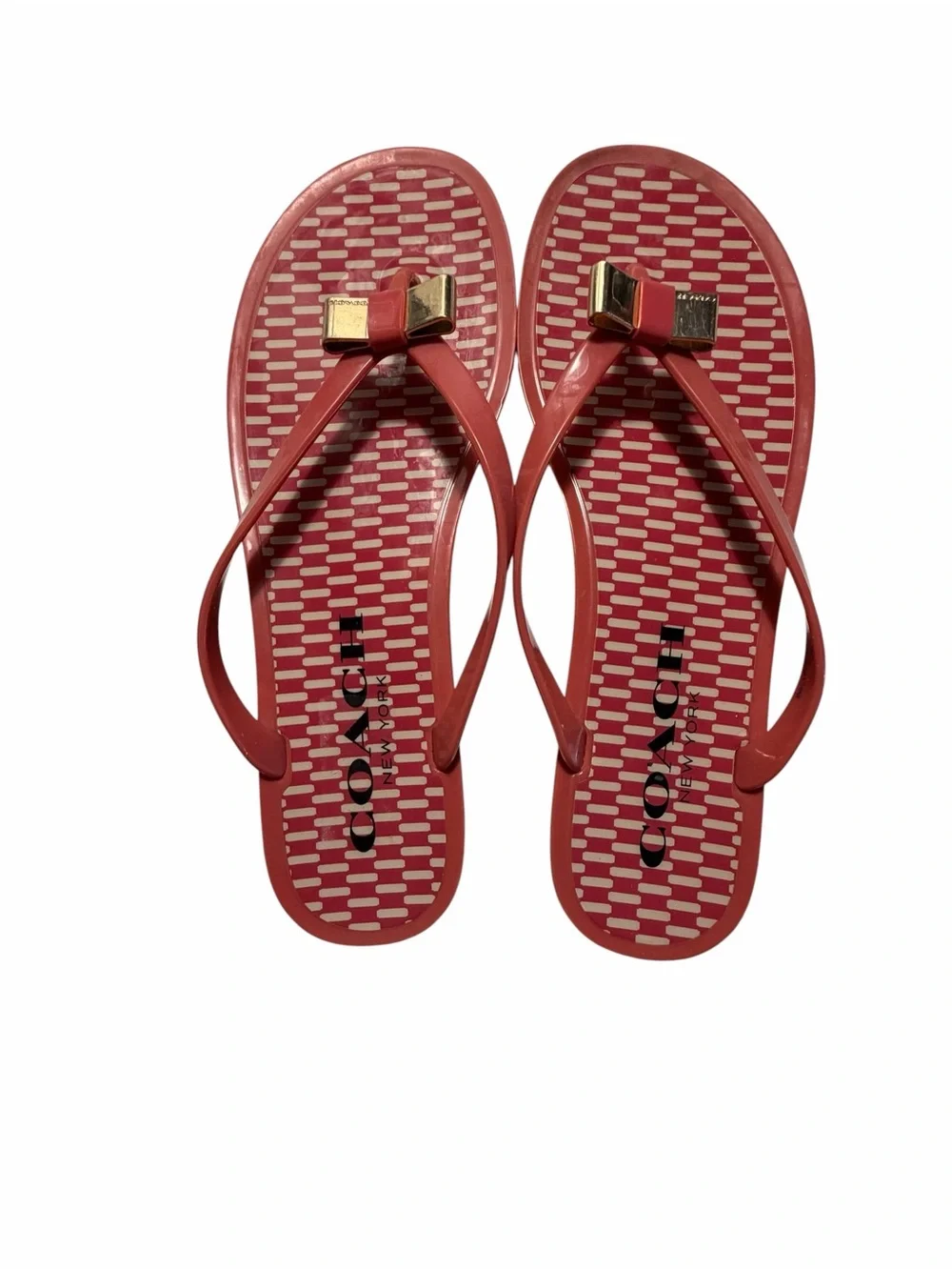 COACH Landon Jelly Flip Flops Coral with Gold Color Accent Bow Sz 8.5